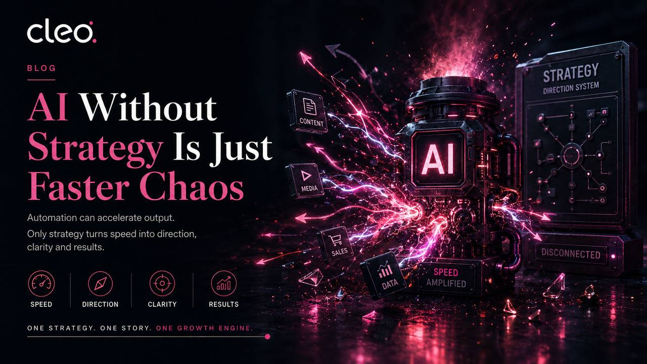 Cleo infographic showing an AI engine amplifying disconnected content, media, sales and data without a strategy system to direct it.