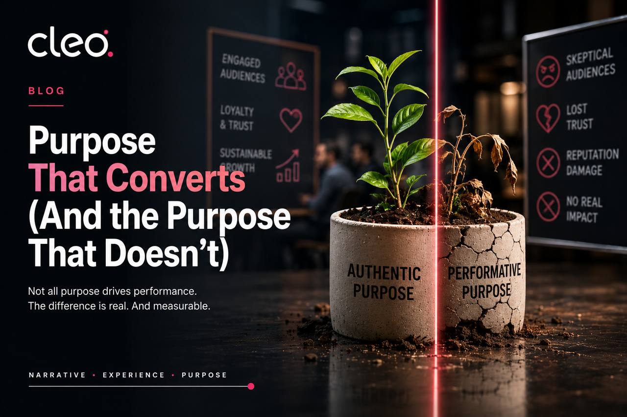 Cleo graphic contrasting a healthy plant labelled authentic purpose with a dying plant labelled performative purpose, showing how genuine purpose builds engagement and trust while empty claims damage reputation.