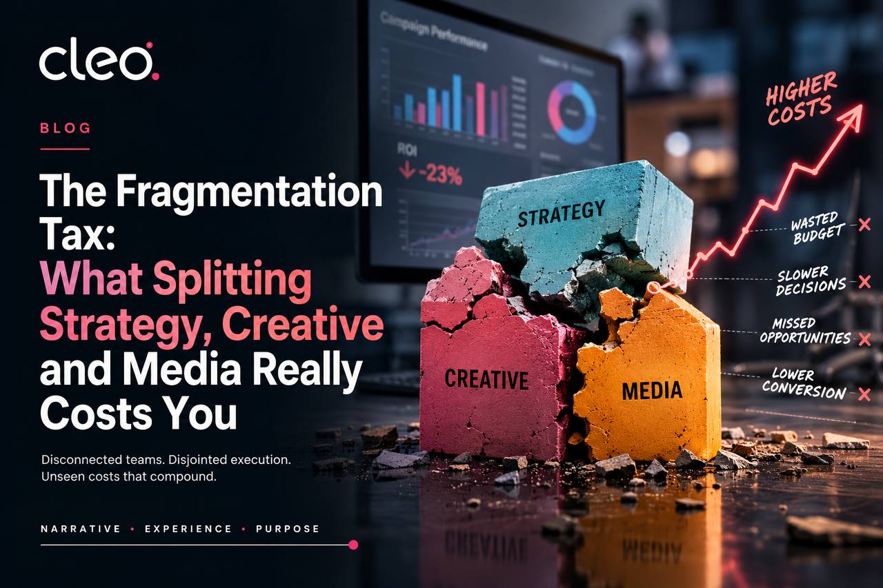 Broken concrete blocks labelled strategy, creative and media beside a rising cost chart showing the waste caused by disconnected marketing teams.