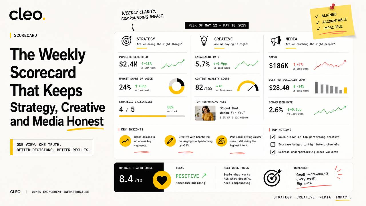 Cleo weekly scorecard infographic combining strategy, creative and media metrics, key insights, actions and an overall campaign health score.