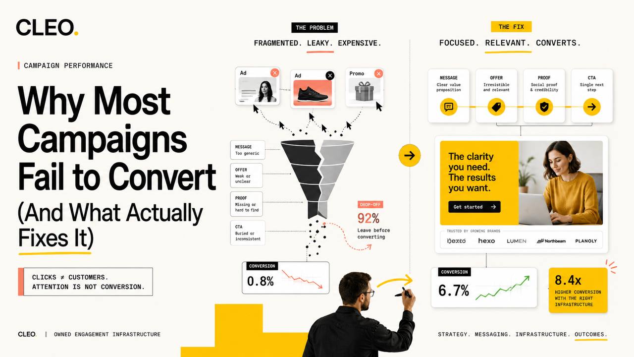 Campaign conversion infographic comparing a fragmented, leaky funnel with a focused path from message and offer to proof and action.