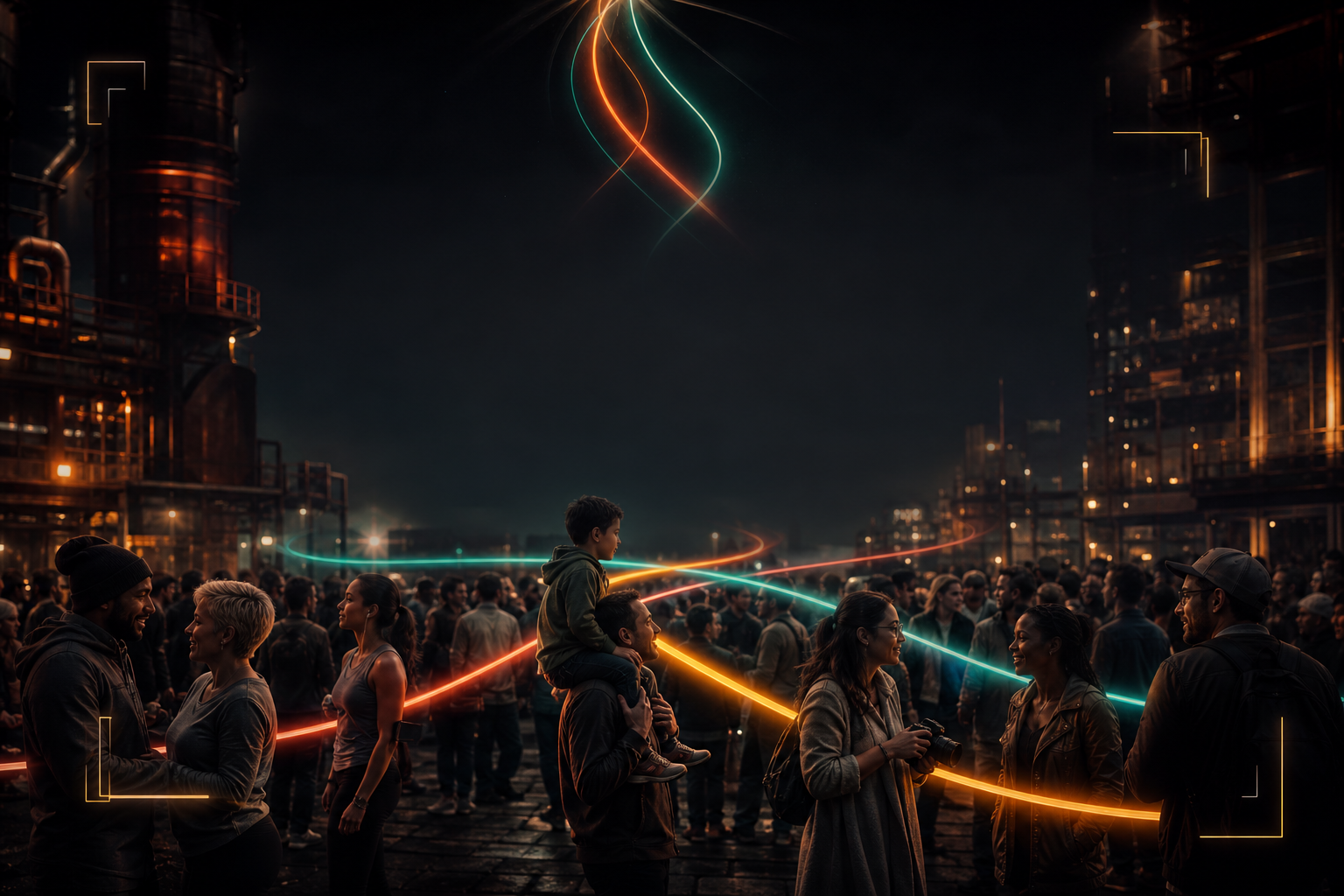 People connecting in a city square at dusk, linked by ribbons of teal, coral and amber light — Cleo's narrative, experience and purpose