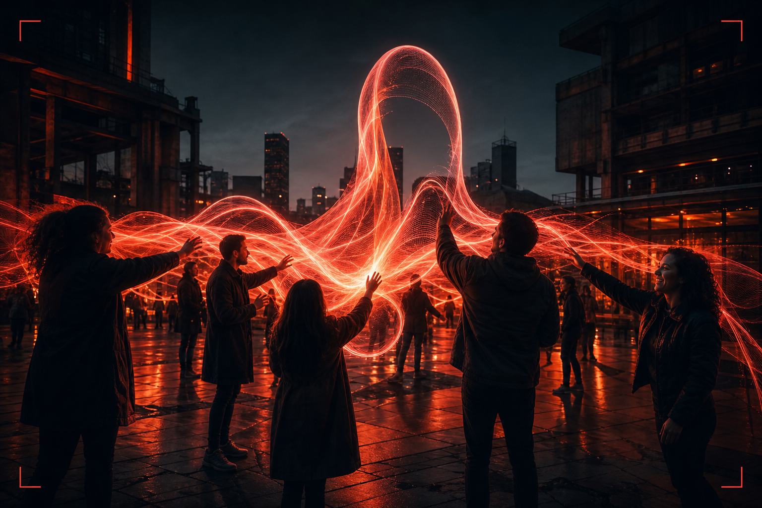 People reaching into a shared coral light installation in a city square at night