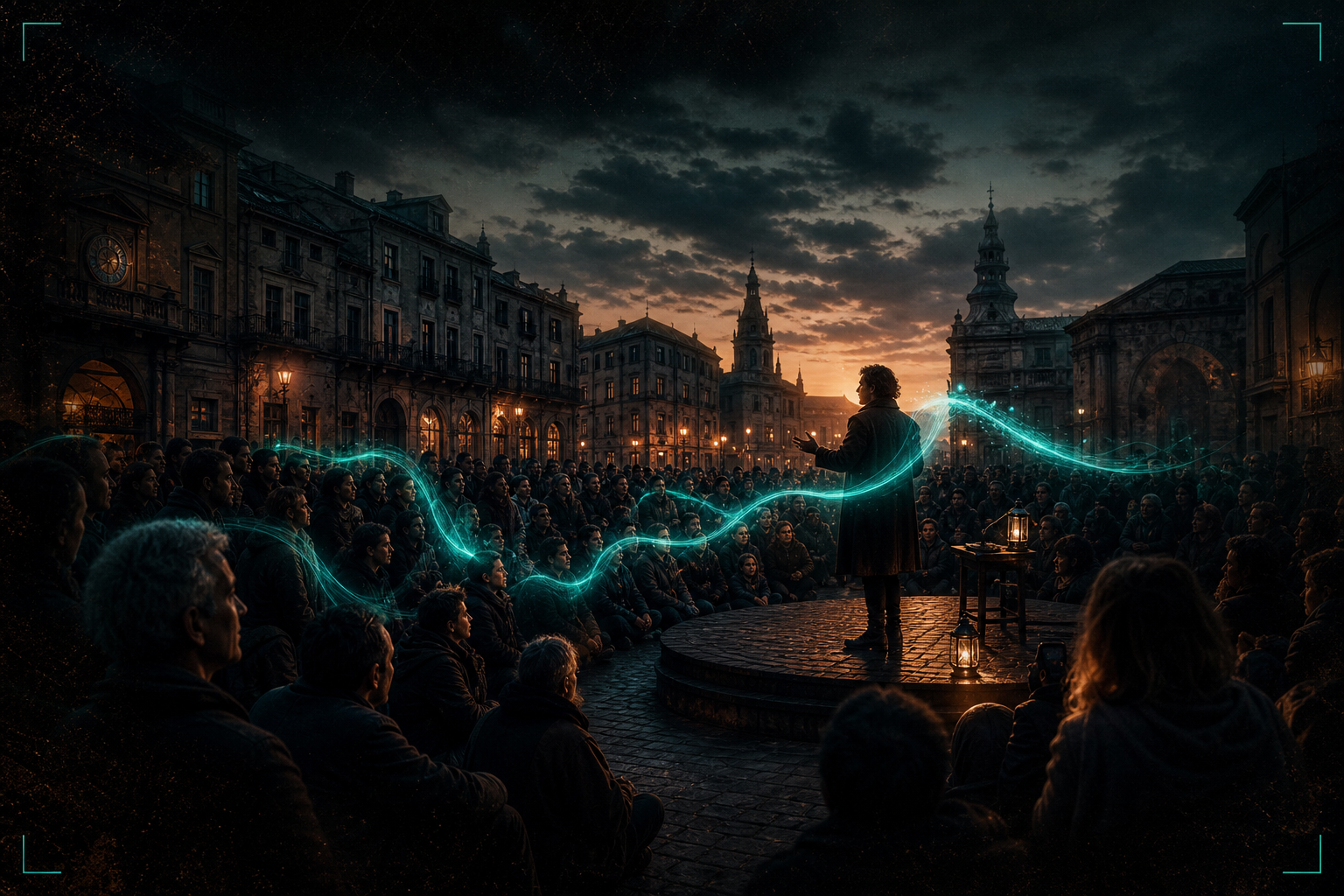 A storyteller holding a city-square crowd at dusk, a teal ribbon of light moving through the audience
