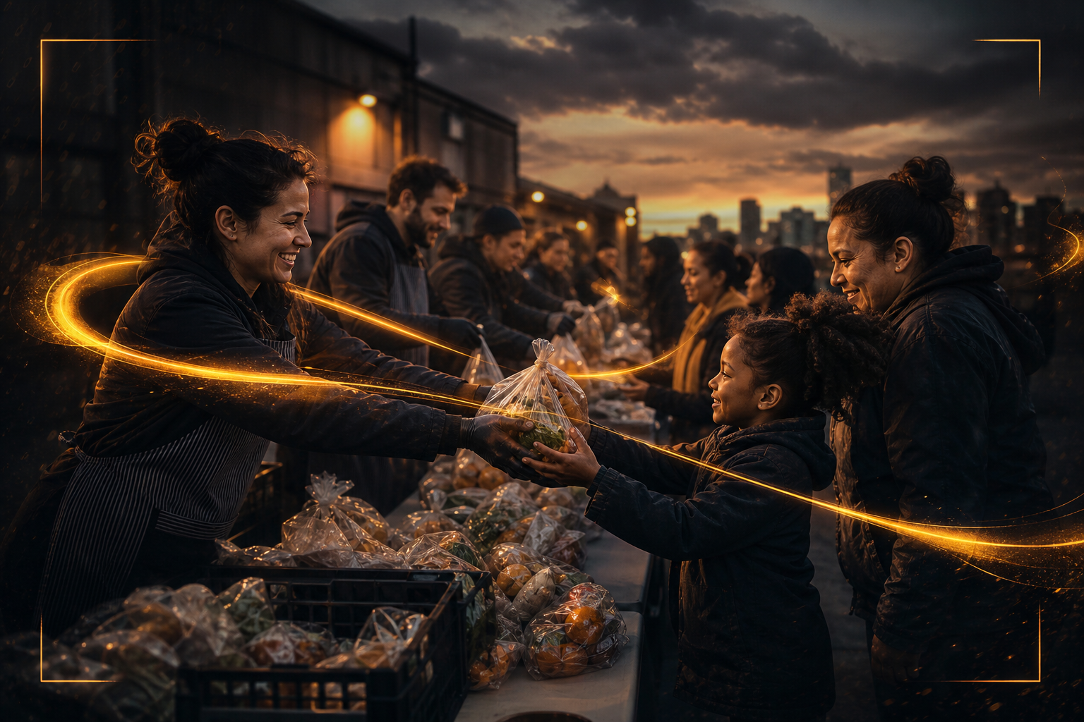 Volunteers handing fresh food parcels to families at dusk, linked by an amber ribbon of light