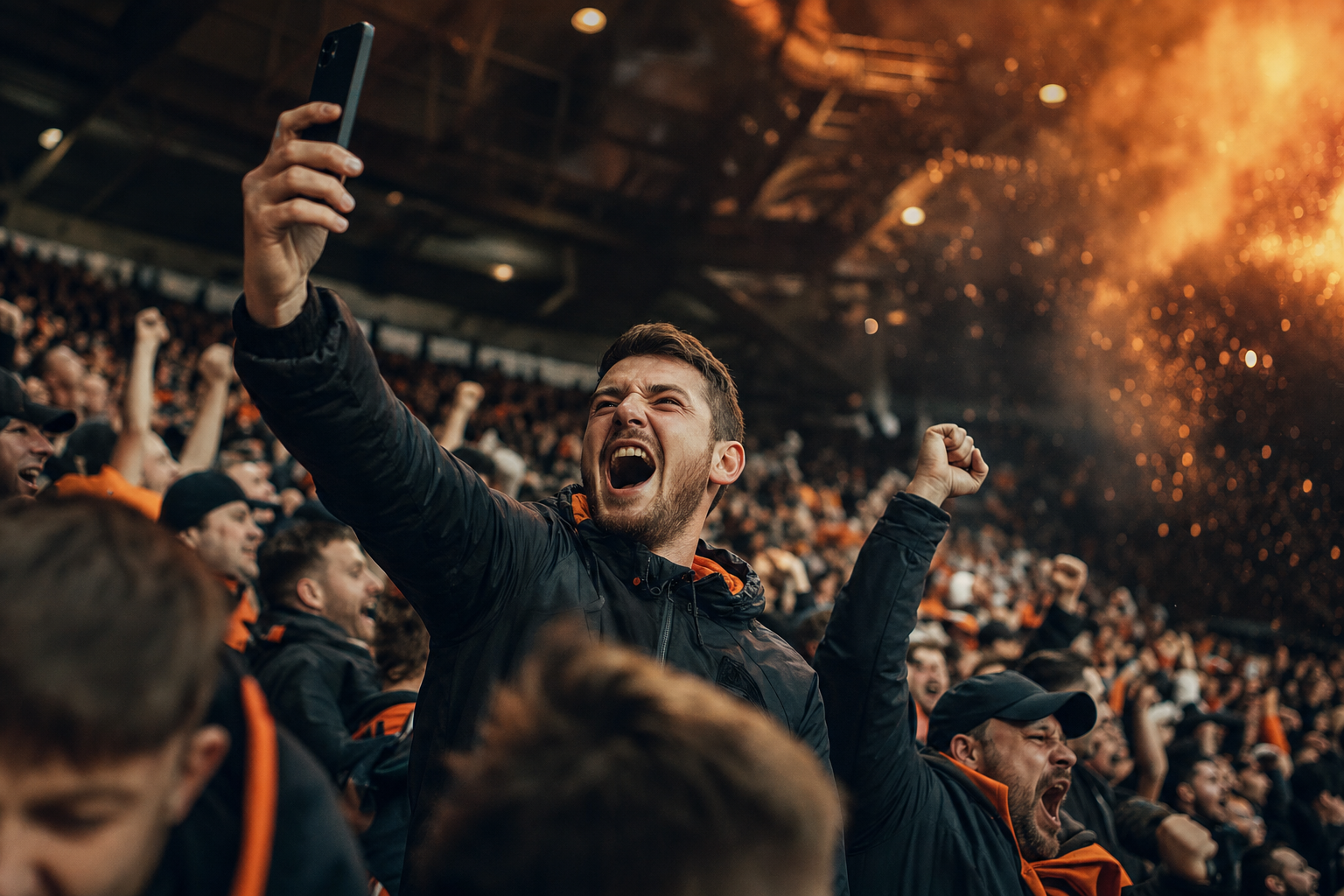 Football fans in a packed stand, one supporter holding a phone