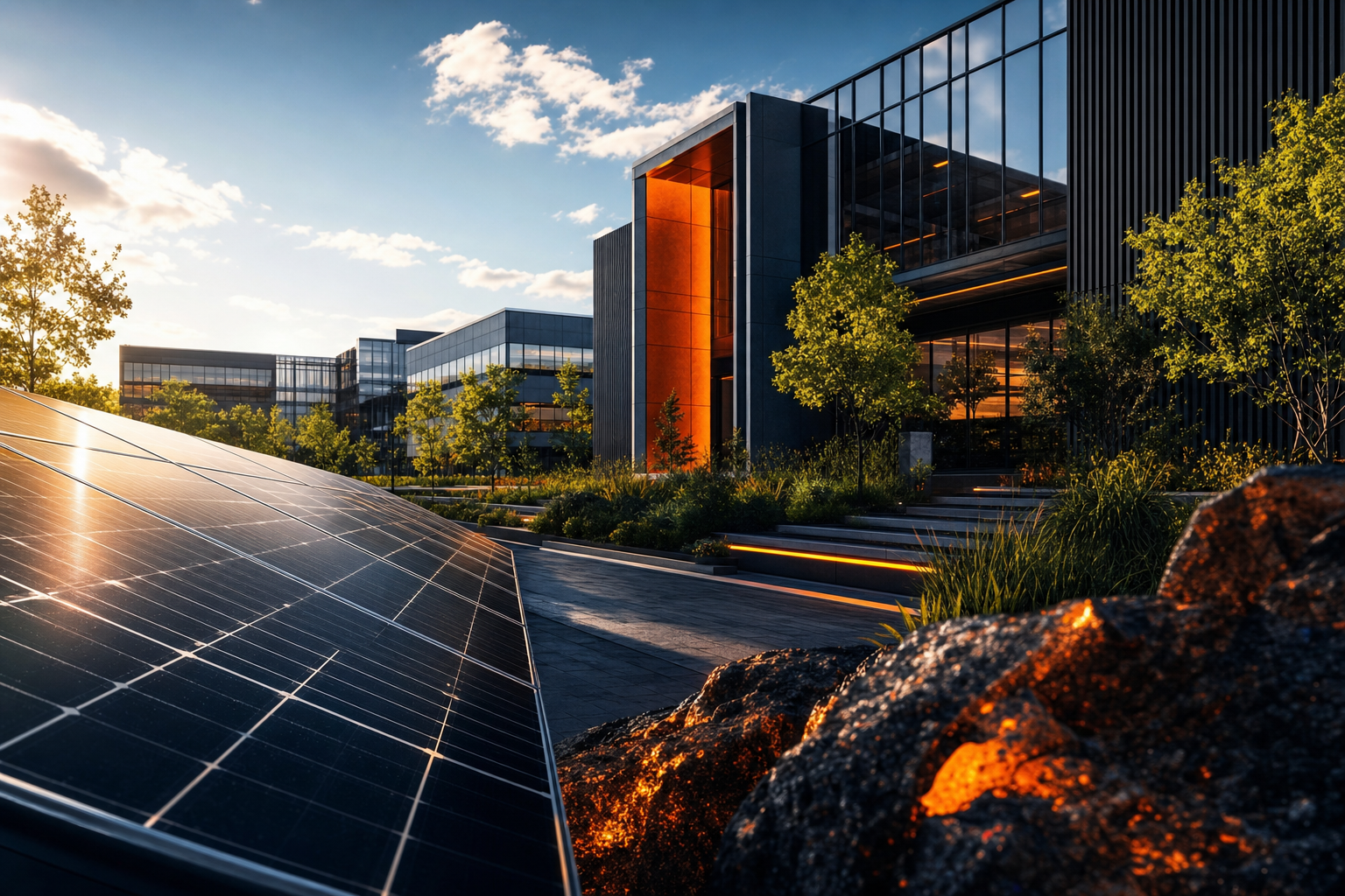 Solar panels and green technology at a modern corporate campus